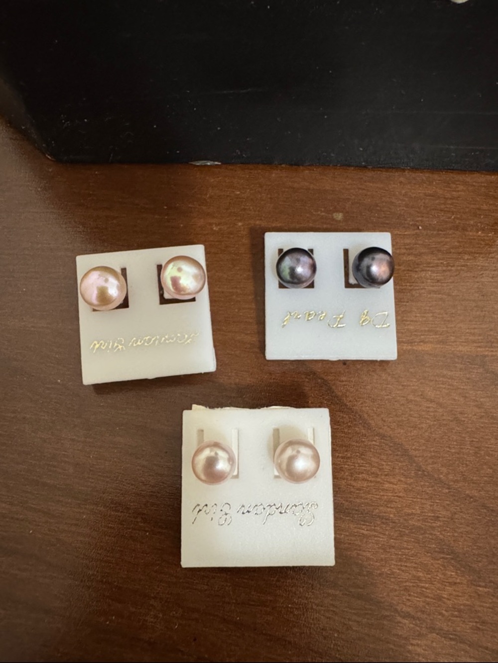 Set of Three Pearl Stud Earring Pairs - Pink, Champagne, Iridescent Black